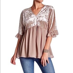 DR2 Velvet Ruffle Flowy V Neck Babydoll Short Sleeve Dusty Rose Top Small NWOT